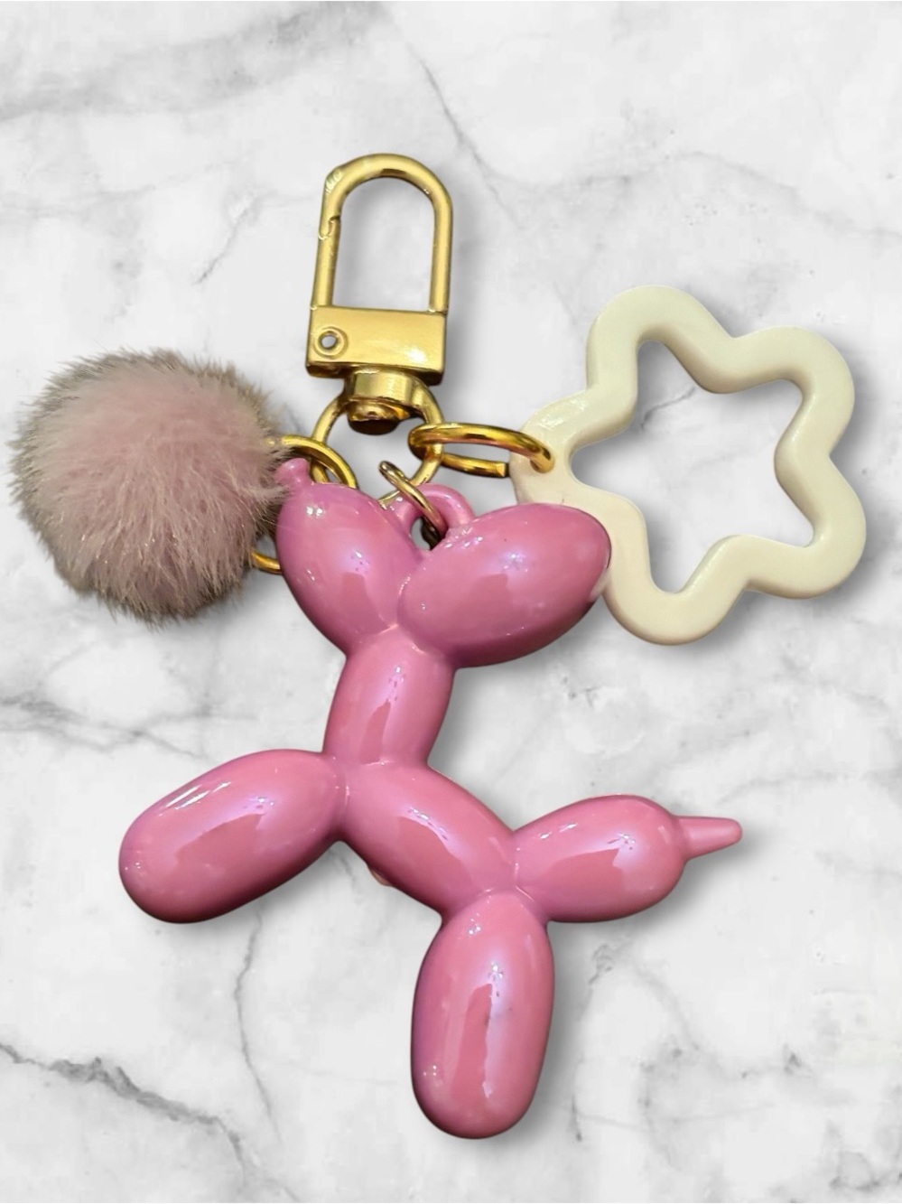 Pink Balloon Dog Keychain Charm with Pom and Flower Ring